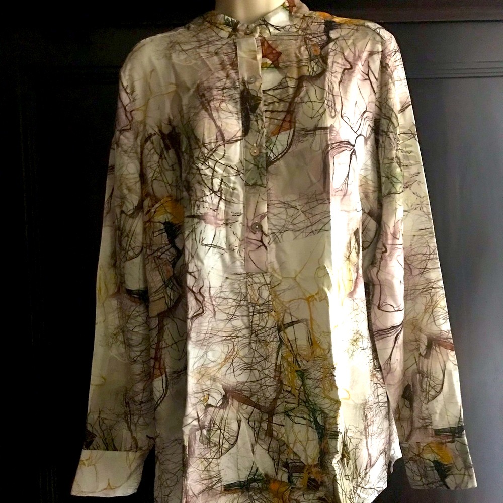 New Hilton Hollis Brown Beige Tan Orange Button Abstract Blouse Tunic Top $380
